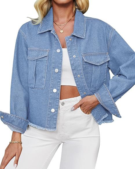 Damen Cropped Denimjacke mit Fransenabschluss und aufgesetzten Brusttaschen Echo Archiv