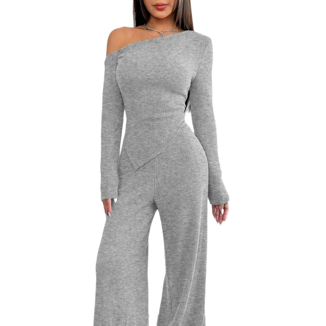 Damen Asymmetrisches Strick-Lounge-Set mit One-Shoulder-Oberteil und weitem Bein Echoarchiv