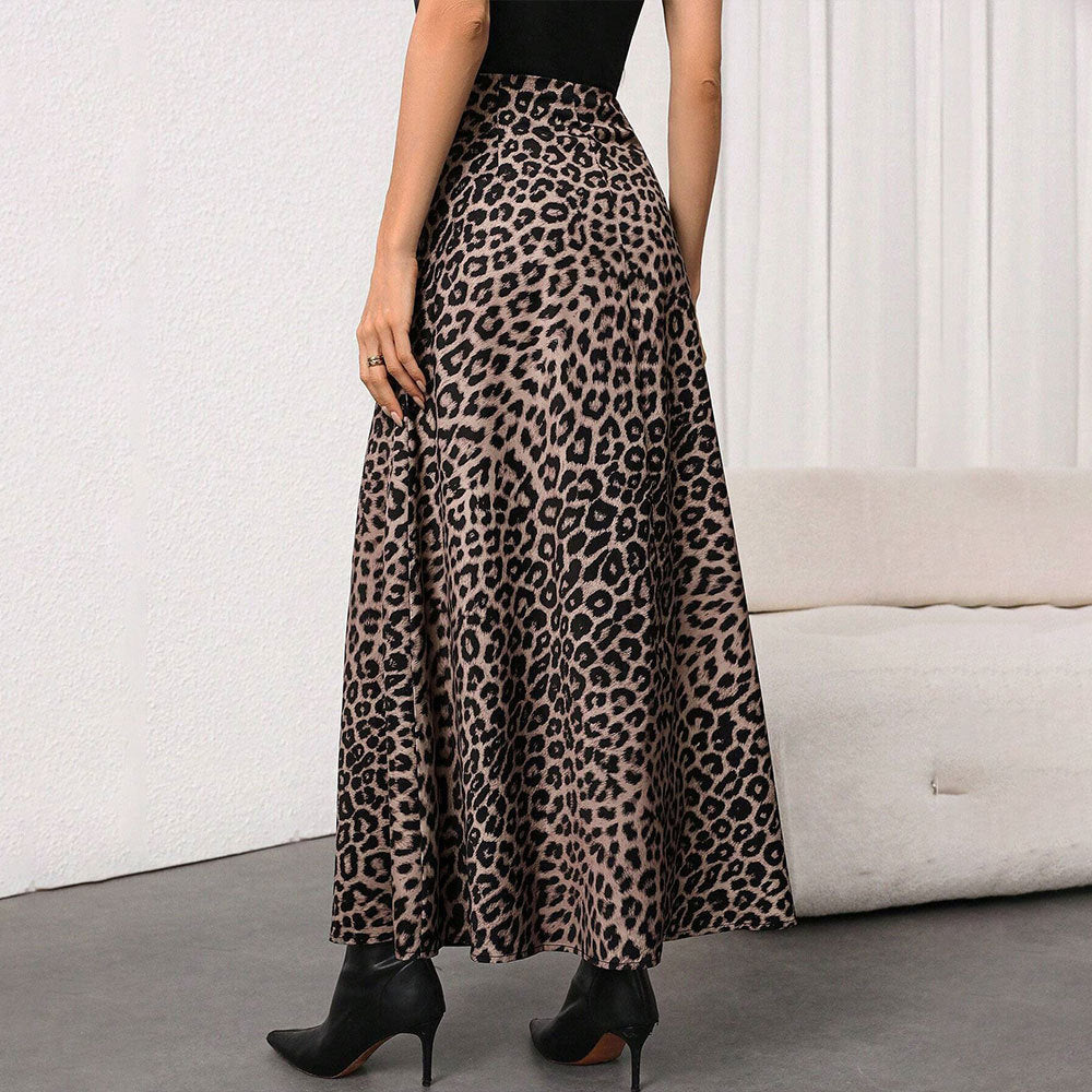 Damen Maxirock mit hohem Bund, ausgestellter A-Linie und markantem Leopardenprint – Valéora