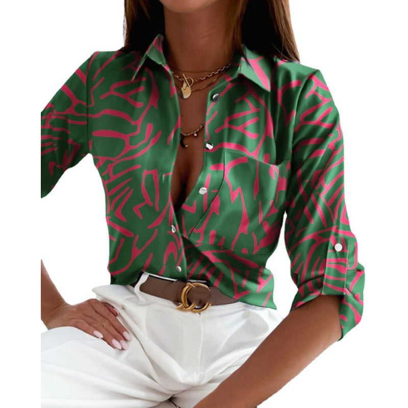 Damen Satin-Hemdbluse mit grafischem Allover-Print und tailliertem Schnitt Echo Archiv