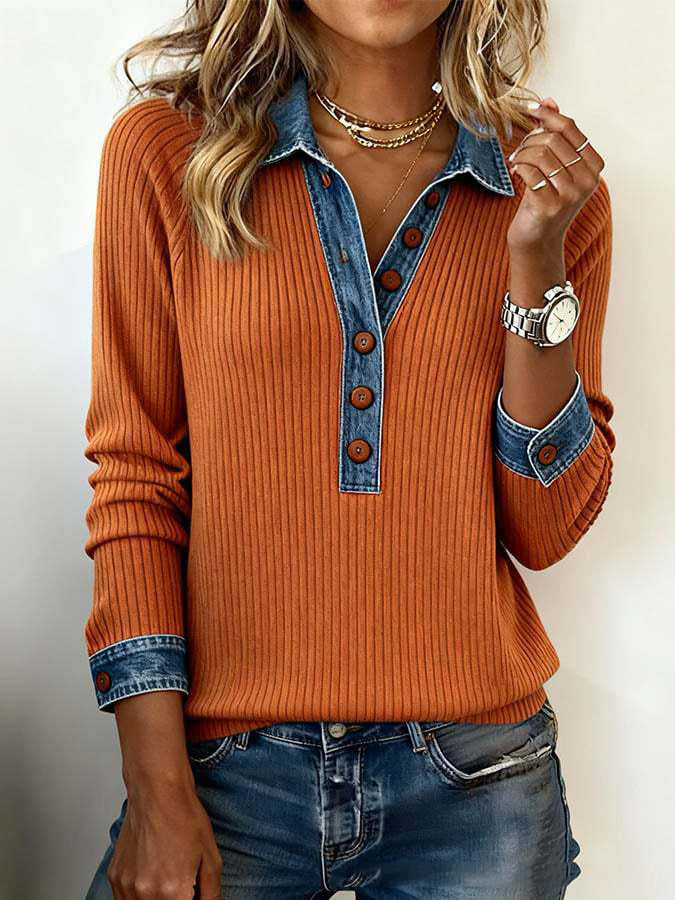 Damen Ripp-Strickpullover mit Denim-Besatz, Hemdkragen und dekorativer Knopfleiste – Mavelle
