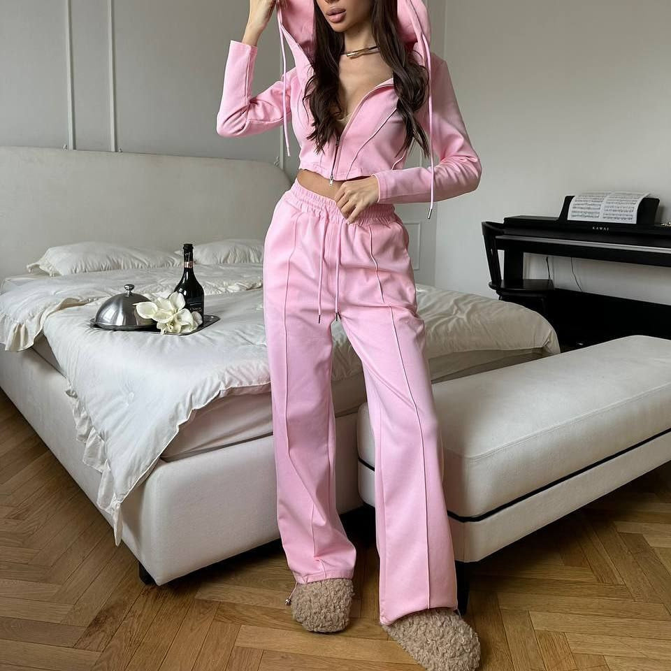 Damen tailliertes Cropped-Kapuzensweatshirt mit verdecktem Reißverschluss und High-Waist Wide-Leg Jogginghose Set – Auréline