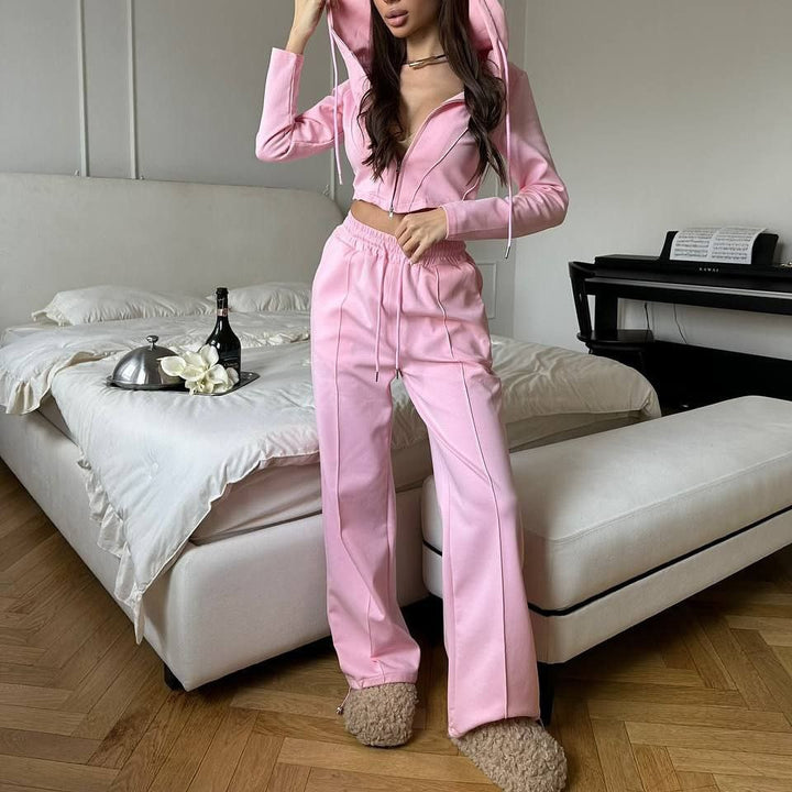 Damen tailliertes Cropped-Kapuzensweatshirt mit verdecktem Reißverschluss und High-Waist Wide-Leg Jogginghose Set – Auréline