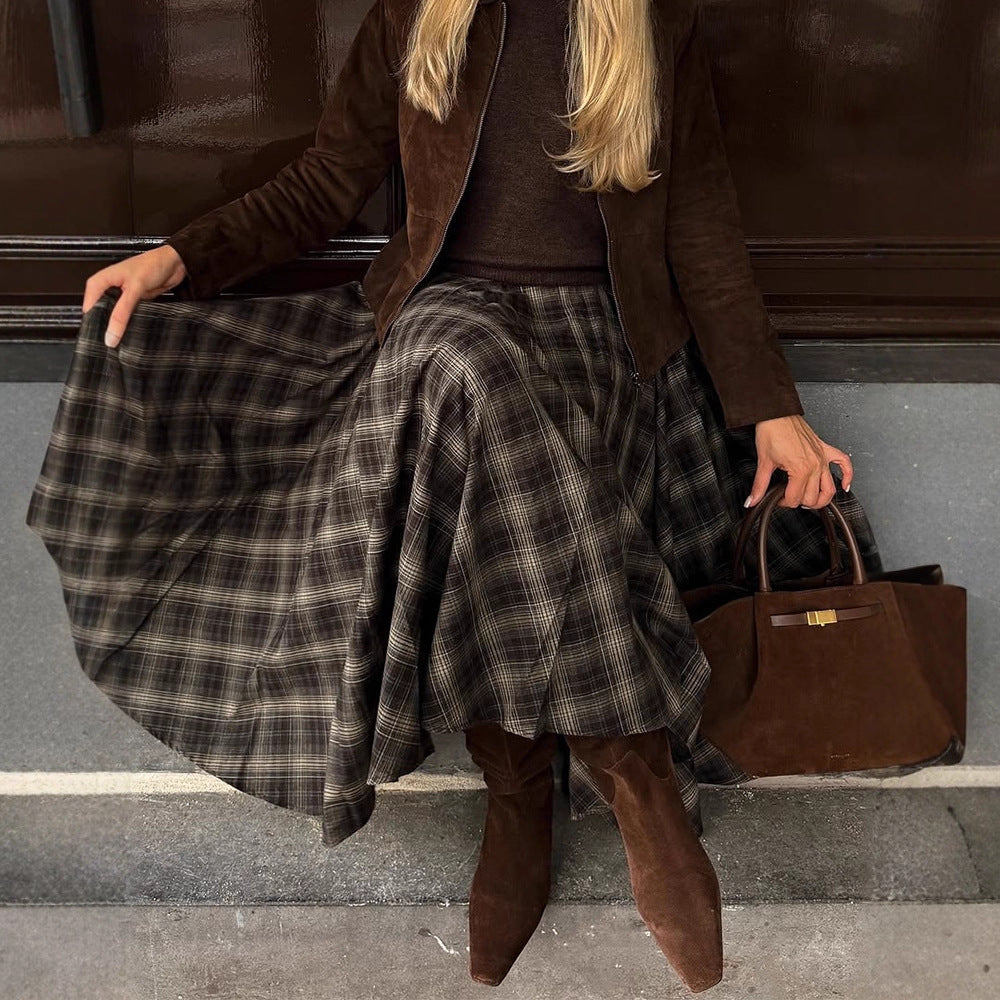 Damen Karierter Midirock mit weitem Tellerfalten‑Schnitt und hoher Taille Echoarchiv