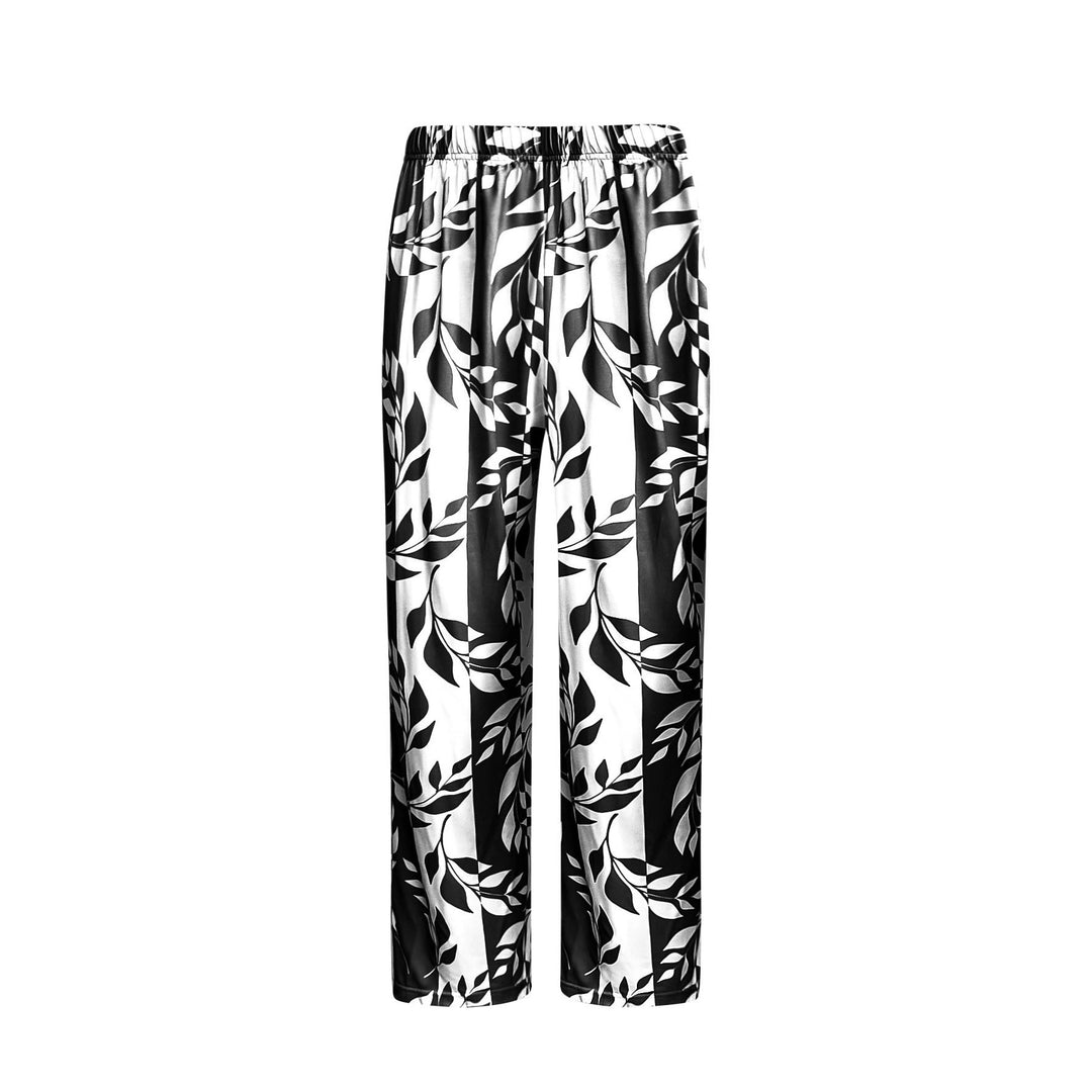 Damen Zweiteiler Offener Longcardigan mit Langarm und Palazzo‑Hose mit Blattprint – Élanora