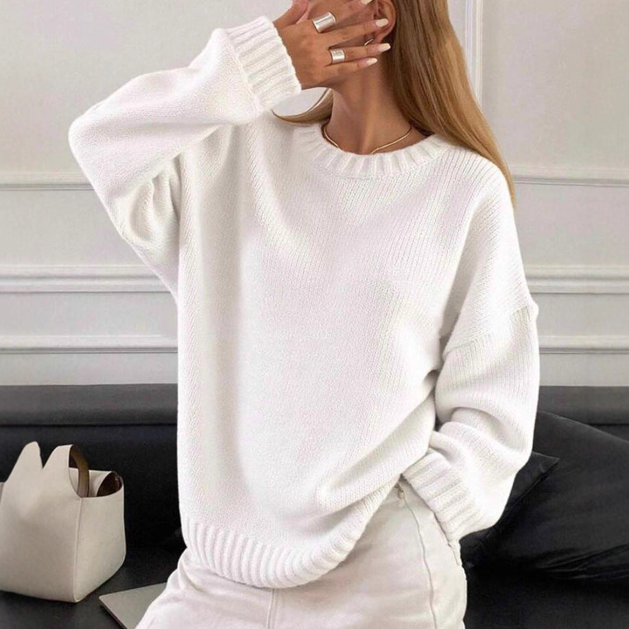 Damen Weit geschnittener Feinstrickpullover mit Rundhalsausschnitt und gerippten Bündchen – Mavelle