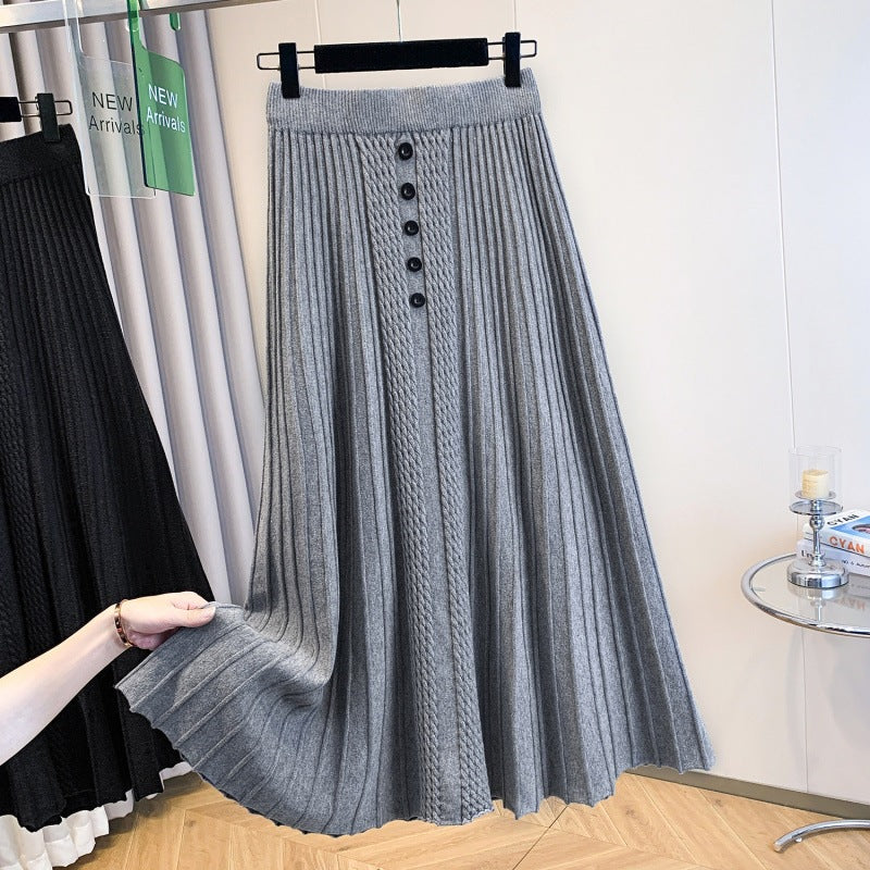 Damen Plissierter Maxirock mit Knopfdetails und feinem Wellenmuster – Valéora