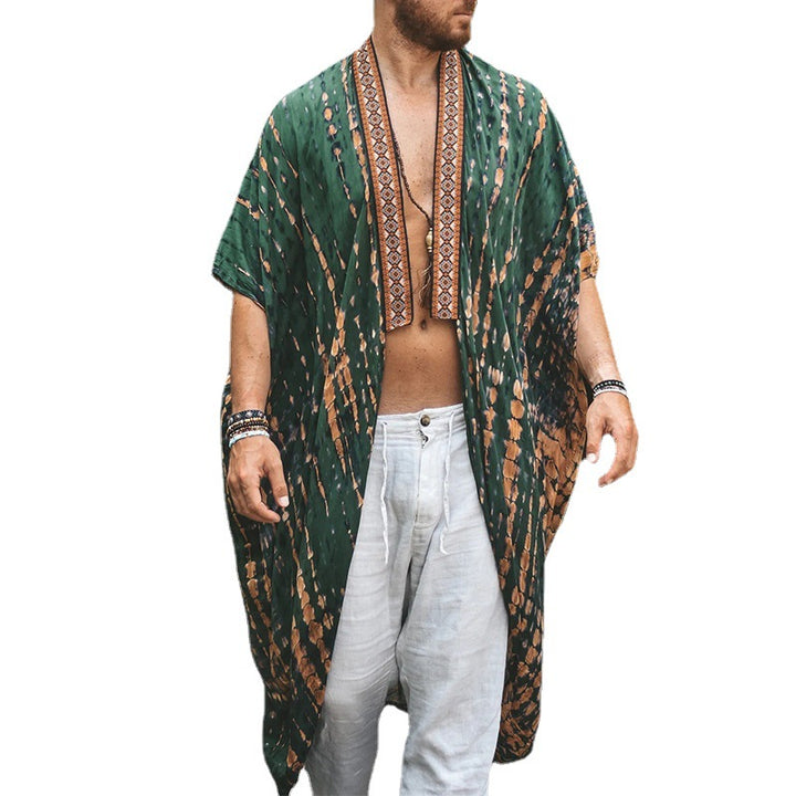 Herren Langer Batik-Kimono aus leichter Viskose mit Ornamentbesatz Echoarchiv