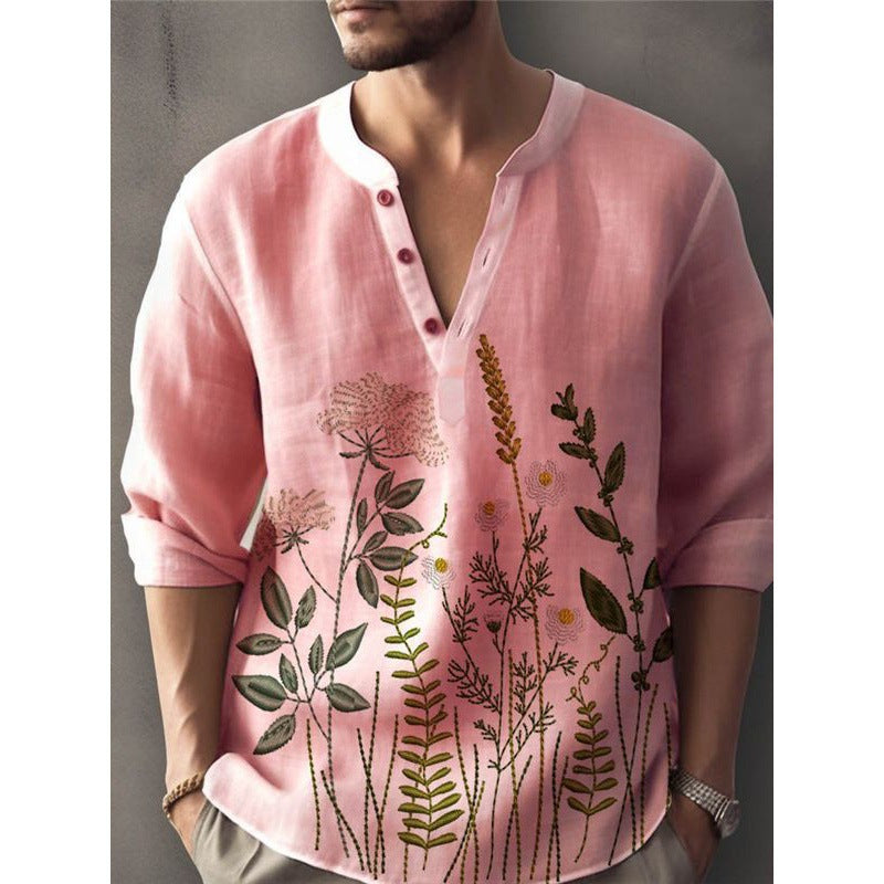 Herren Leinenhemd mit floralem Stickdesign Echoarchiv