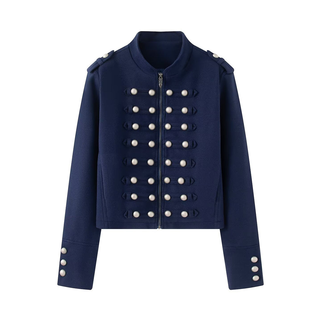 Damen Kurzgeschnittene Militärjacke mit Perlenbesatz und Stehkragen Echoarchiv