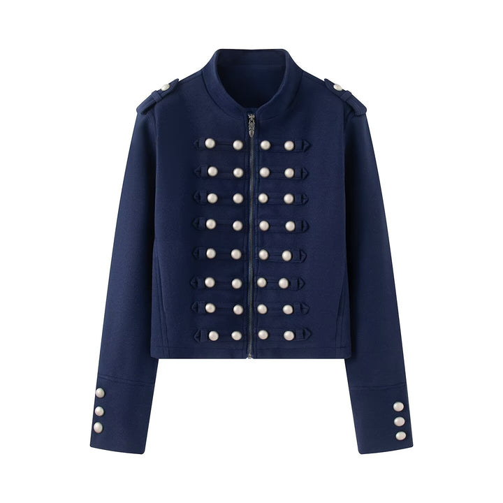 Damen Kurzgeschnittene Militärjacke mit Perlenbesatz und Stehkragen Echoarchiv