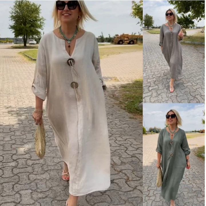 Damen Lange Leinen Look Kaftan Kleid mit Holerring Dekorbändchen und Roll-Up Drei-Viertel Ärmeln – Valéora