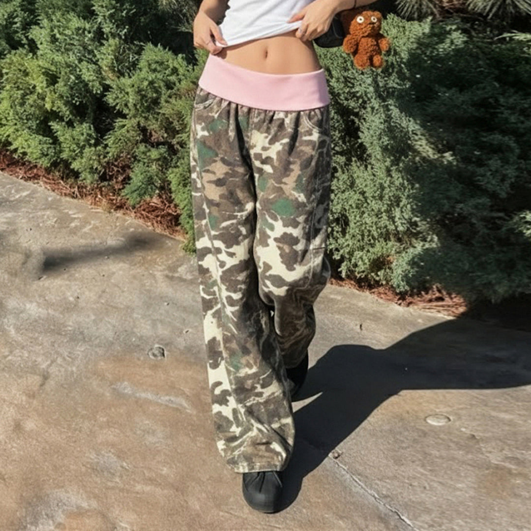Damen nan weite Lounge-Hose mit Umschlagbund, Camouflage‑Muster und elastischem Komfortstretch Echo Archiv