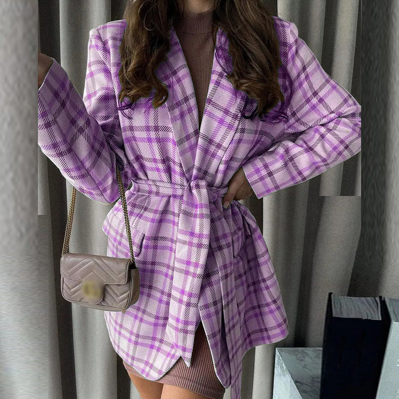 Damen Oversize karierter Mantelblazer mit Taillengürtel und aufgesetzten Taschen – Célinea