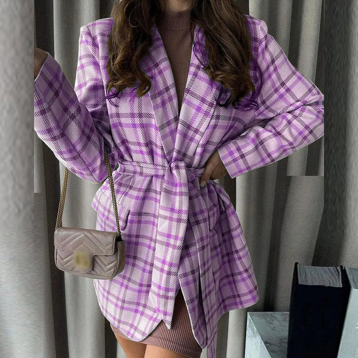 Damen Oversize karierter Mantelblazer mit Taillengürtel und aufgesetzten Taschen – Célinea