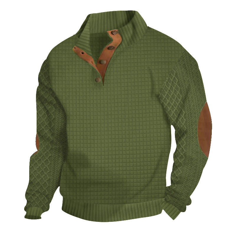 Herren Waffelstrick-Halbzip-Pullover mit Stehkragen Lederbesatz und Ellbogenpatches Echoarchiv