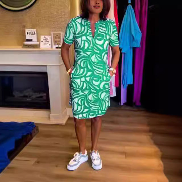 Damen Kurzarm Hemdkleid mit Echoarchivrnen grafischen Mustern und praktischen Eingrifftaschen Echoarchiv