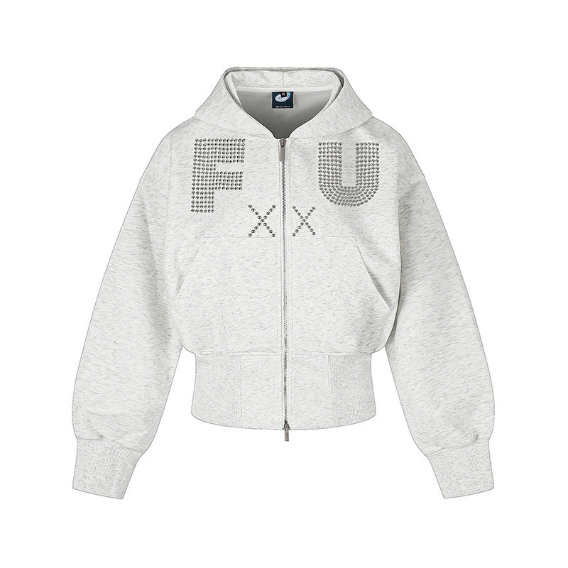 Damen Kurze Kapuzen-Sweatjacke mit durchgehendem Reißverschluss, breitem Rippbund und Strass-Logo Echoarchiv