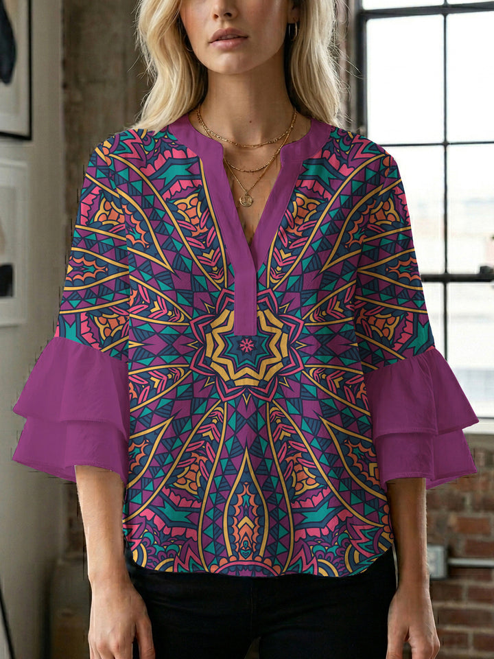 Damen elegantes Blusenshirt mit voluminösen Rüsenärmeln und grafischem Blumendesign Echo Archiv