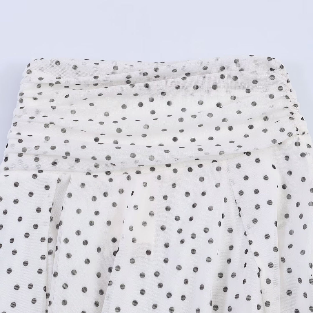 Damen Polka-Dot Midirock mit hohem Bund, A-Linie und mehrlagigem Chiffon Echo Archiv