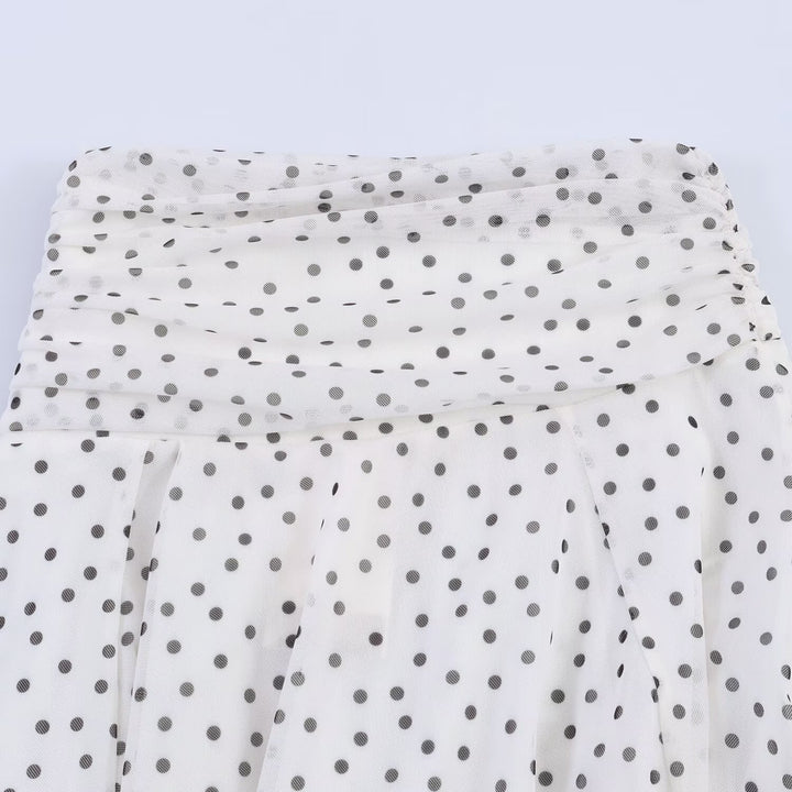 Damen Polka-Dot Midirock mit hohem Bund, A-Linie und mehrlagigem Chiffon Echo Archiv