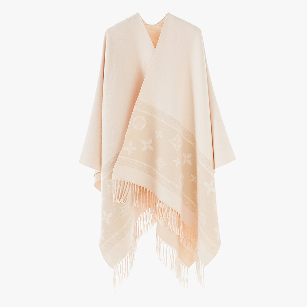 Damen Oversize‑Rechteckponcho aus Wollmix mit eingewebter Jacquardbordüre und Fransensaum – Avérine