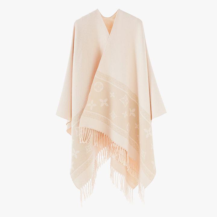 Damen Oversize‑Rechteckponcho aus Wollmix mit eingewebter Jacquardbordüre und Fransensaum – Avérine