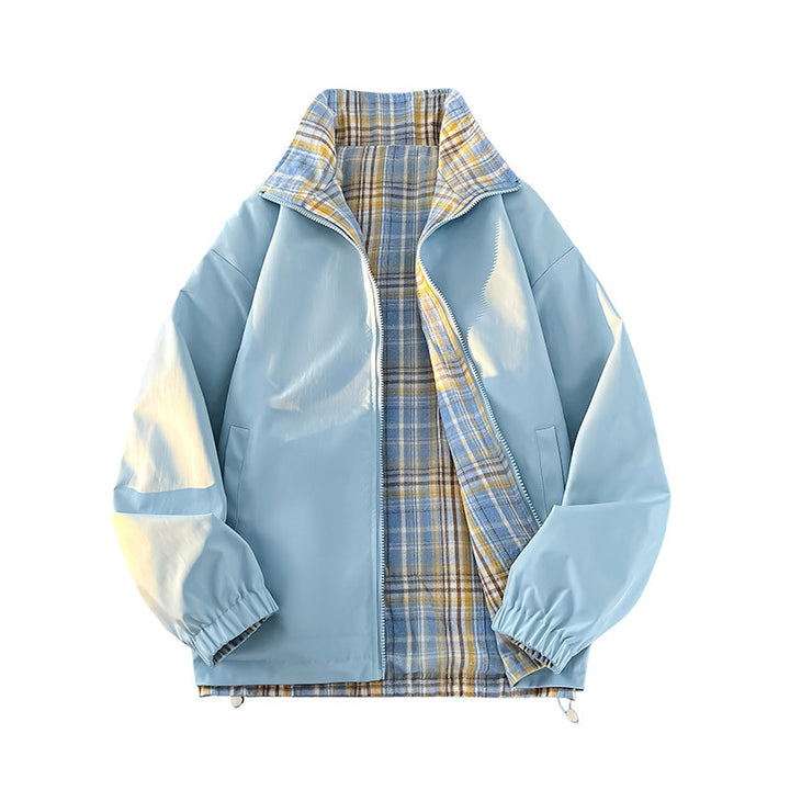 Unisex Wende-Utility-Jacke mit kariertem Innenfutter, Stehkragen und elastischen Bündchen Echo Archiv