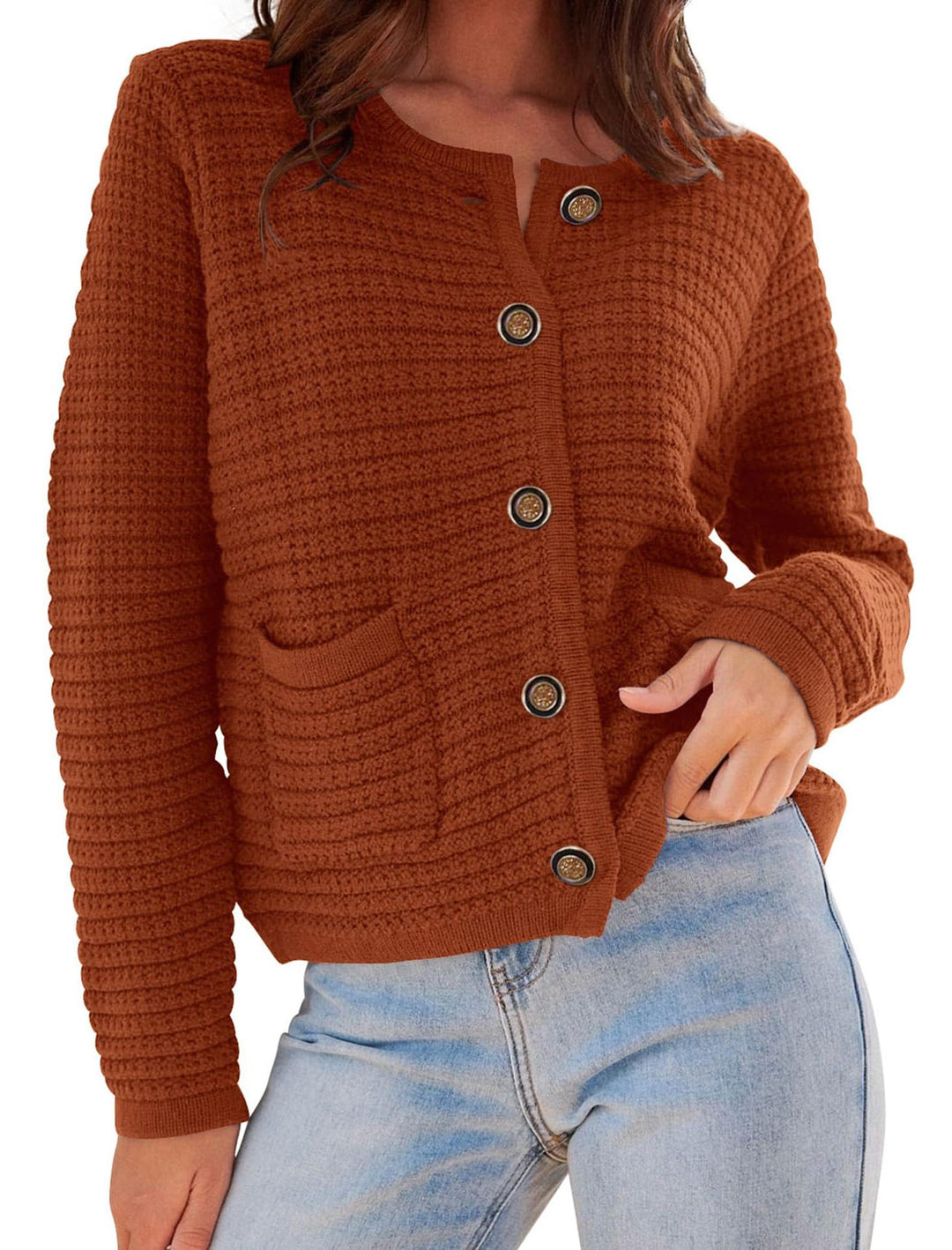 Damen modischer Cardigan mit dezenten Rippstrukturen und eleganten Knopfdetails Echoarchiv