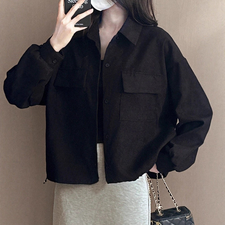 Damen Kurzgeschnittene Cordjacke mit Oversize-Ärmeln und Brusttaschen – Célinea