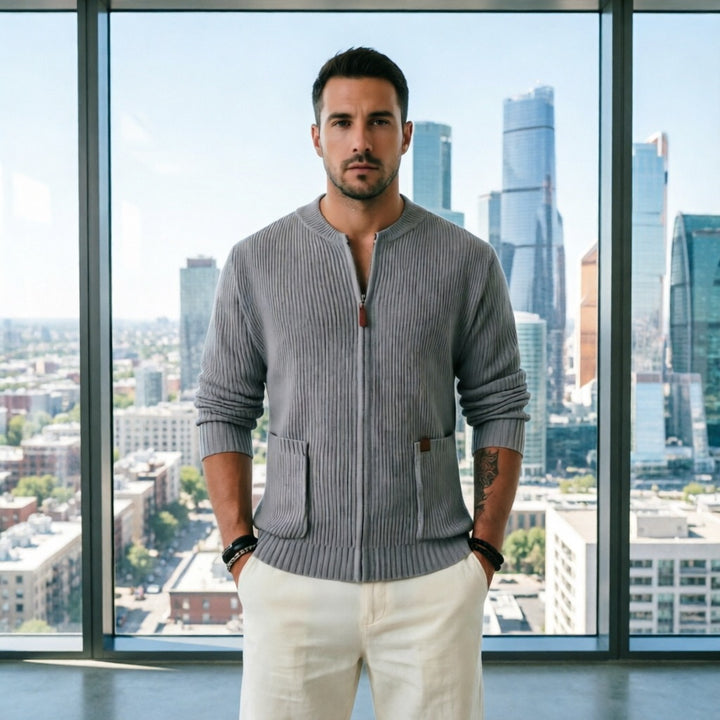 Herren Gerippte Strickjacke mit Frontreißverschluss und aufgesetzten Taschen Echo Archiv