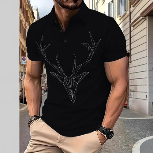 Herren Kurzarm Poloshirt mit geometrischem Hirschmotiv Echoarchiv