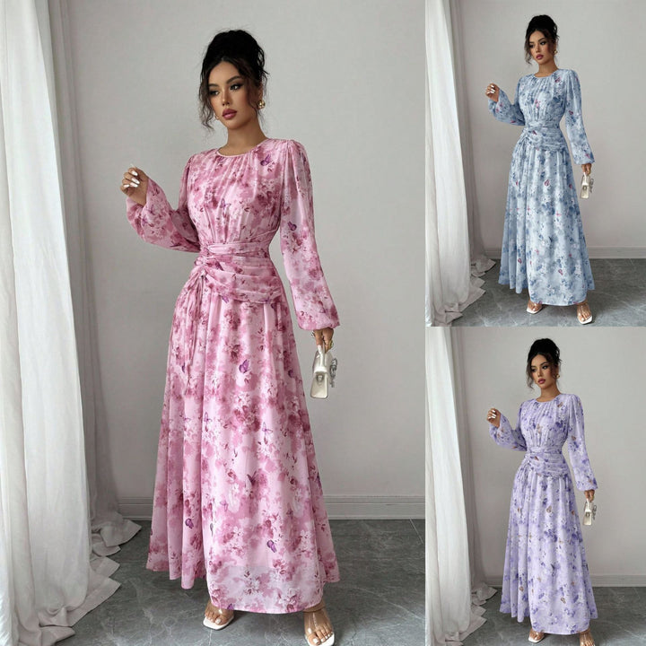 Damen Maxikleid mit floralem Schmetterlingsprint, geraffter Taillenpartie und langen Ballonärmeln Echo Archiv