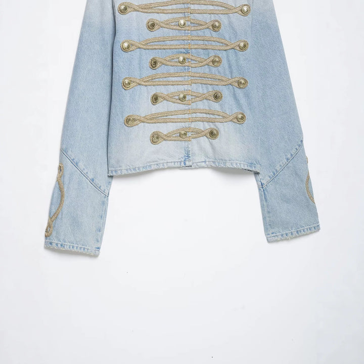 Damen kurze Jeansjacke im Militärstil mit Kordelapplikation und Mandarinkragen Echoarchiv