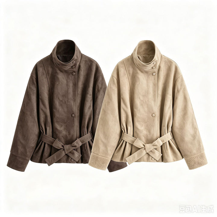 Damen Kurzjacke in Wildleder-Optik mit Stehkragen und Bindegürtel Echo Archiv