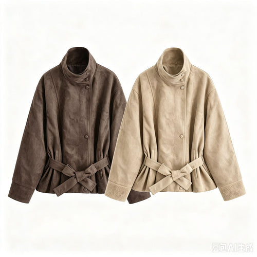 Damen Kurzjacke in Wildleder-Optik mit Stehkragen und Bindegürtel Echo Archiv