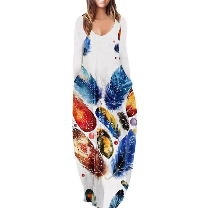Damen Fließendes Maxikleid mit auffälligem Federmotiv, tiefem Rundhalsausschnitt und Seitentaschen – Valéora