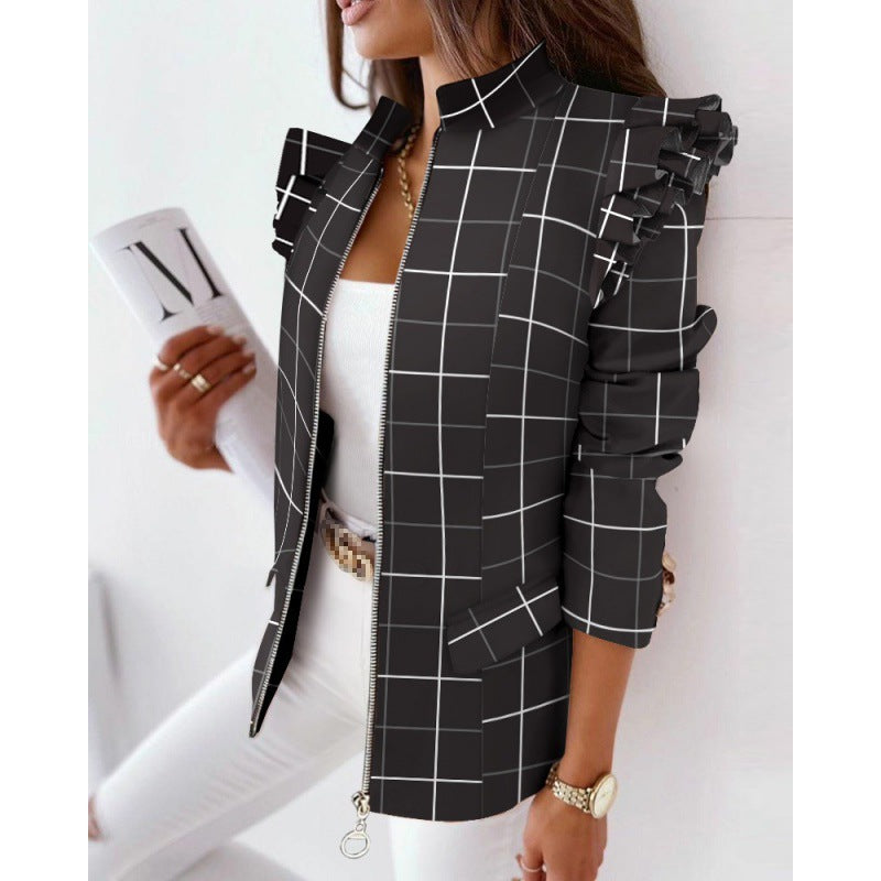 Damen Leoprint-Statement-Jacke mit Rüschen-Schulter und Reißverschluss Echo Archiv