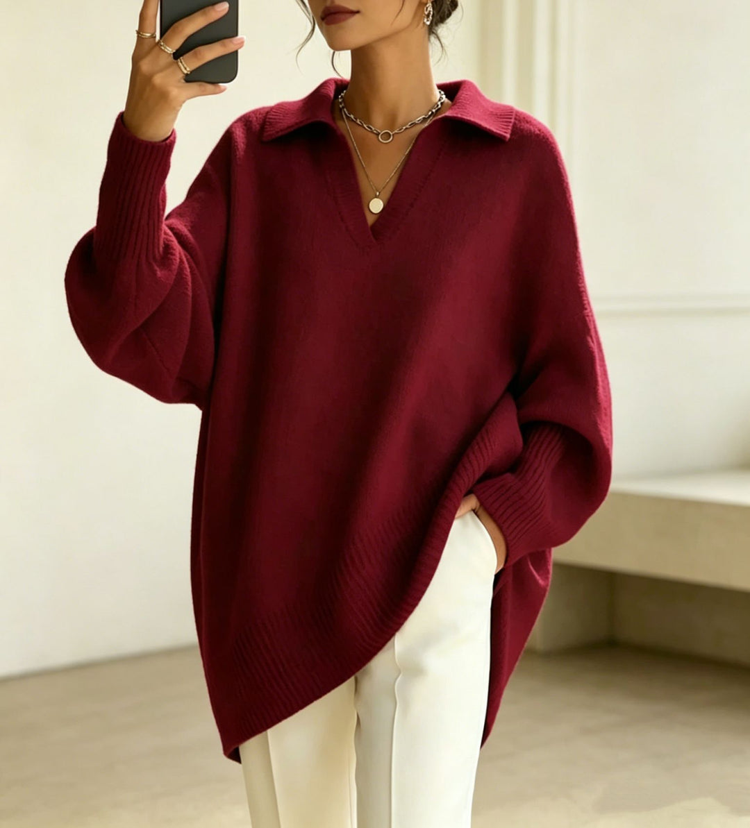 Damen Oversize-Polokragen V-Ausschnitt Strickpullover mit Ballonärmeln – Mavelle