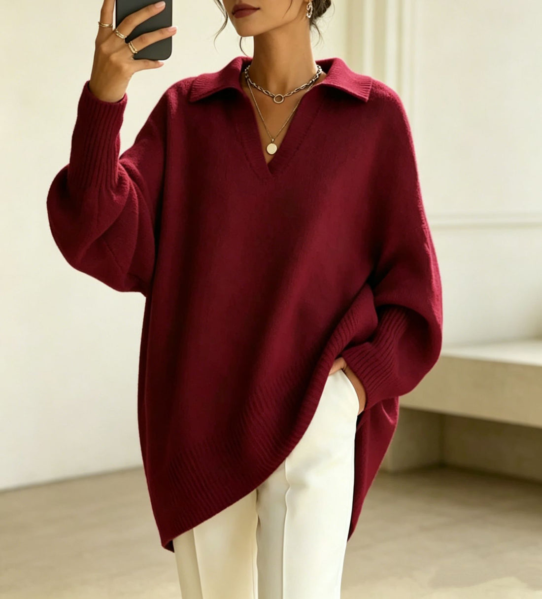 Damen Oversize-Polokragen V-Ausschnitt Strickpullover mit Ballonärmeln – Mavelle