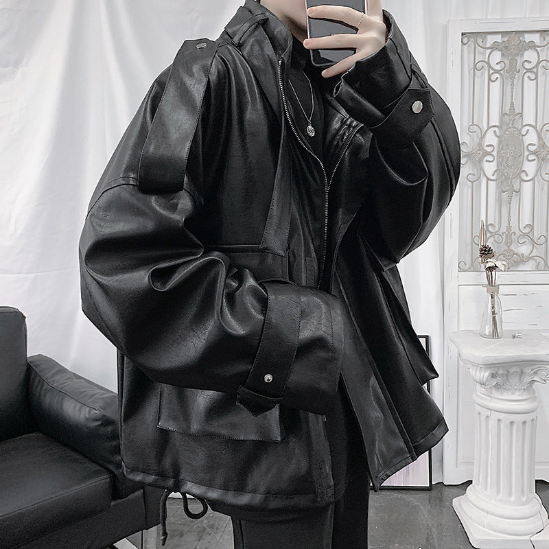 Herren Weitgeschnittene Kunstlederjacke mit Kapuze, Utility-Taschen und verstellbaren Manschetten Echoarchiv