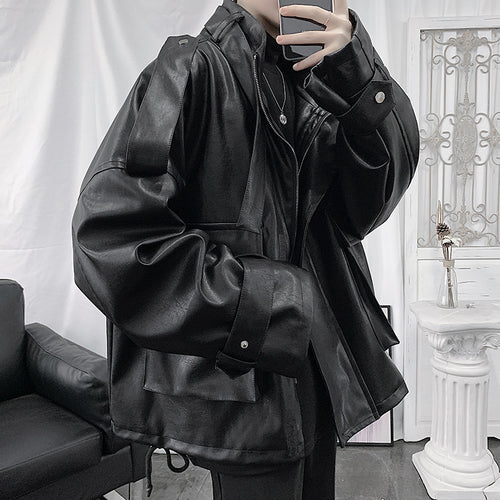 Herren Weitgeschnittene Kunstlederjacke mit Kapuze, Utility-Taschen und verstellbaren Manschetten Echoarchiv