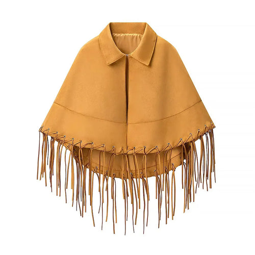 Damen nan Veloursoptik Cape mit Hemdkragen, Ziernaht und langen Fransen Echo Archiv