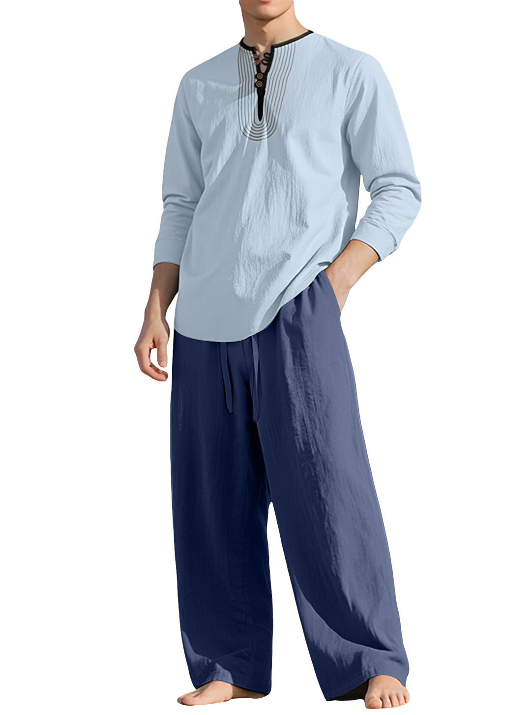 Herren nan Tunika- und Palazzohose-Set mit Henley-Blende, Zierstickerei und weitem Schnitt Echo Archiv
