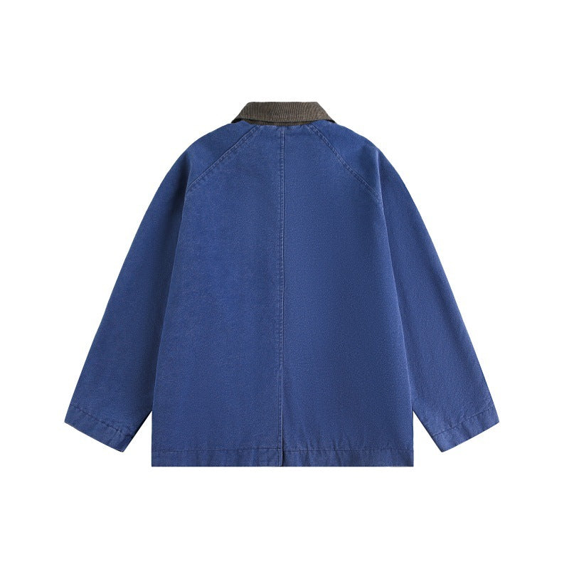 Unisex Kurz geschnittener Boxy-Jeansblouson mit Cordkragen und tonalen Ziernähten Echoarchiv