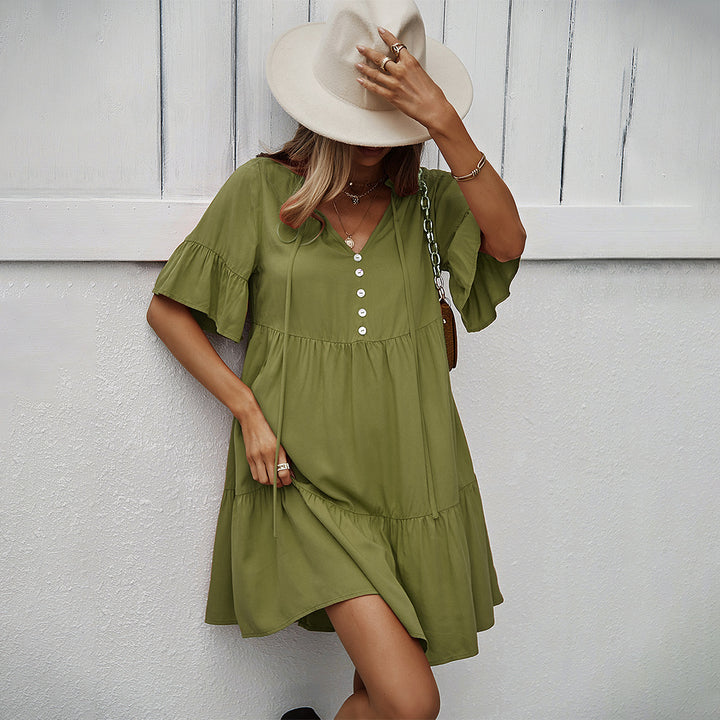 Damen Freizeitliches Kurzarm-Kleid mit femininem Rüschensaum und Knopfleiste Echo Archiv