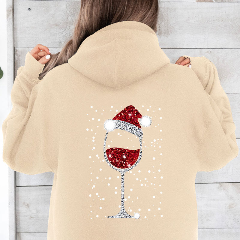 Damen Oversize Kapuzenpullover mit weihnachtlichem Glitzer-Weinglas-Print Echoarchiv