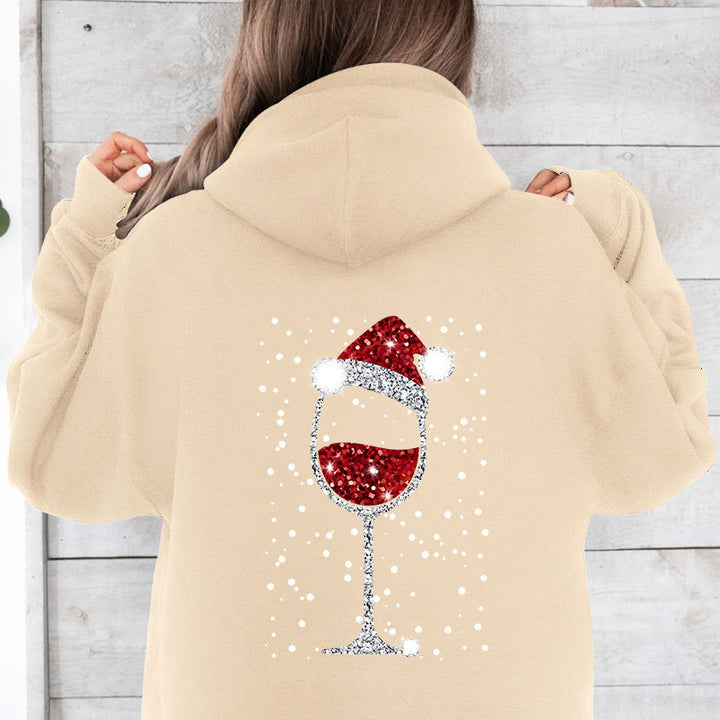 Damen Oversize Kapuzenpullover mit weihnachtlichem Glitzer-Weinglas-Print Echoarchiv