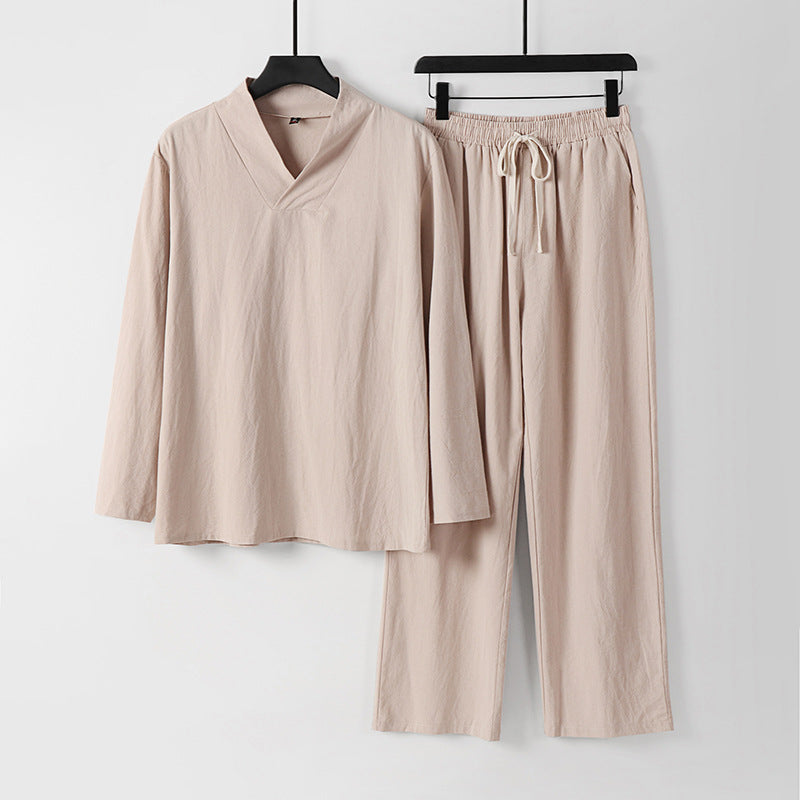 Unisex Zen-inspiriertes Leichtes Loungewear-Set mit V-Ausschnitt-Shirt und Elastischer Kordelbund-Hose Echoarchiv