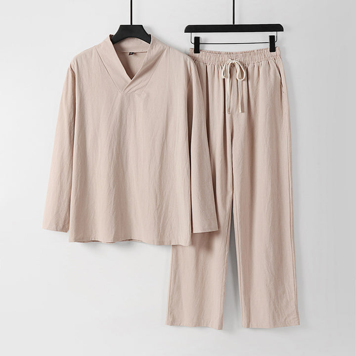 Unisex Zen-inspiriertes Leichtes Loungewear-Set mit V-Ausschnitt-Shirt und Elastischer Kordelbund-Hose Echoarchiv